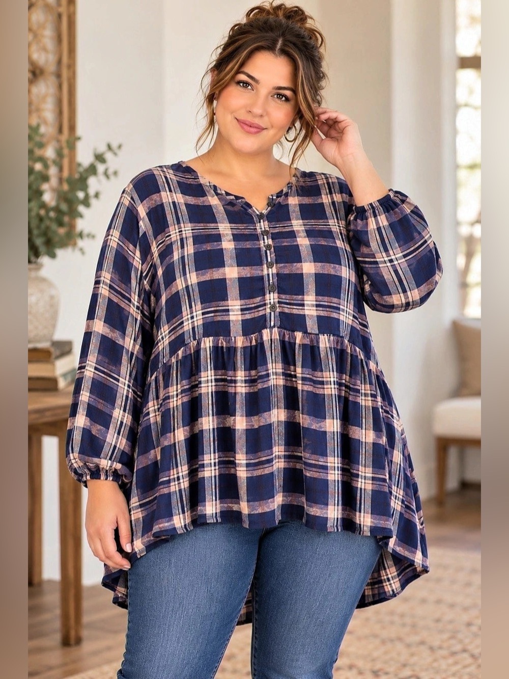 Torrid Size 3 Navy Pink Plaid Babydoll High Low Tunic Top Soft Flannel Cottage